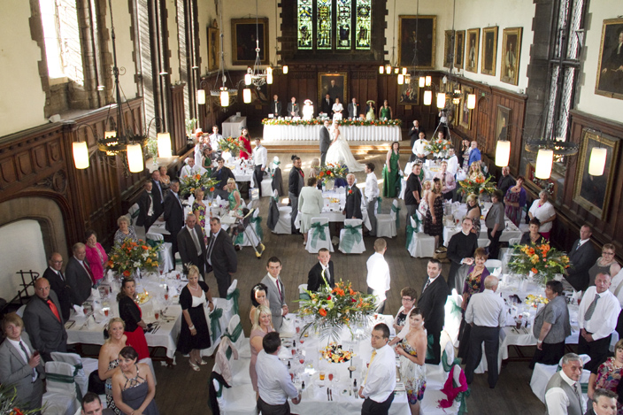 The Castle Great Hall, seen here during a wedding reception. The format of the hall, with the top table higher than the rest, has probably not changed since medieval times when the hall was built.